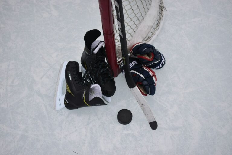 Hockey skates, puck, gloves and stick illustrating beginner hockey equipment