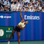 Coco Gauff serving at the 2026 US Open, used for coverage of her semifinal against Elena Rybakina