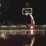 Generic basketball hoop and court; editorial illustration, not USA vs Spain game photography