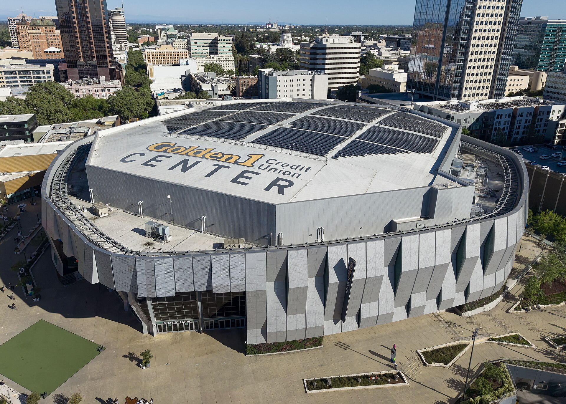 Aerial view of Golden 1 Center in downtown Sacramento