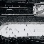 Ice hockey players skating during an arena game