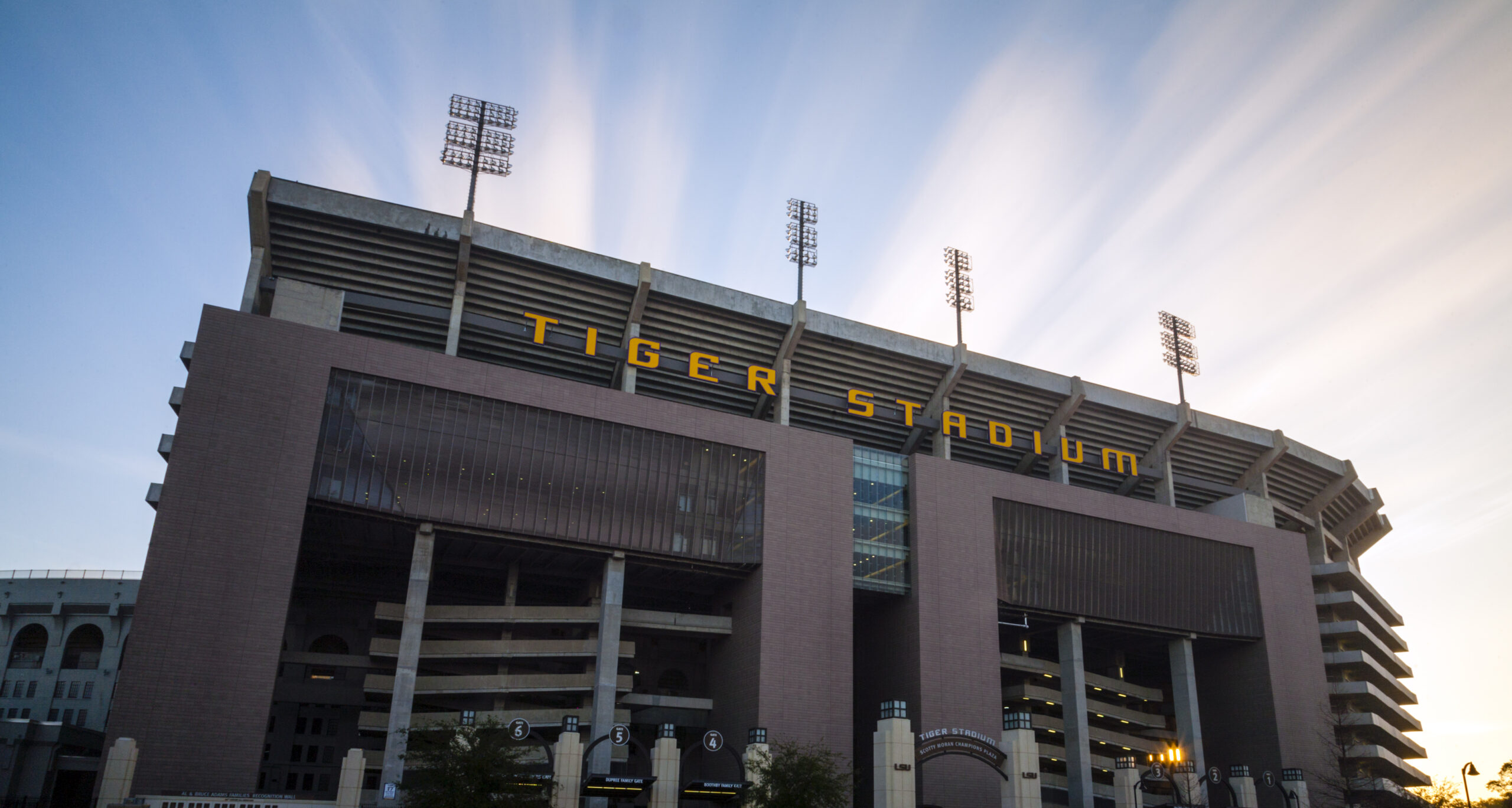 Exterior of LSU Tiger Stadium in Baton Rouge at sunrise
