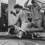 Mixed martial arts fighters grappling and striking inside a fenced cage
