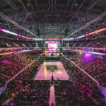 Basketball arena representing different eras in NBA history