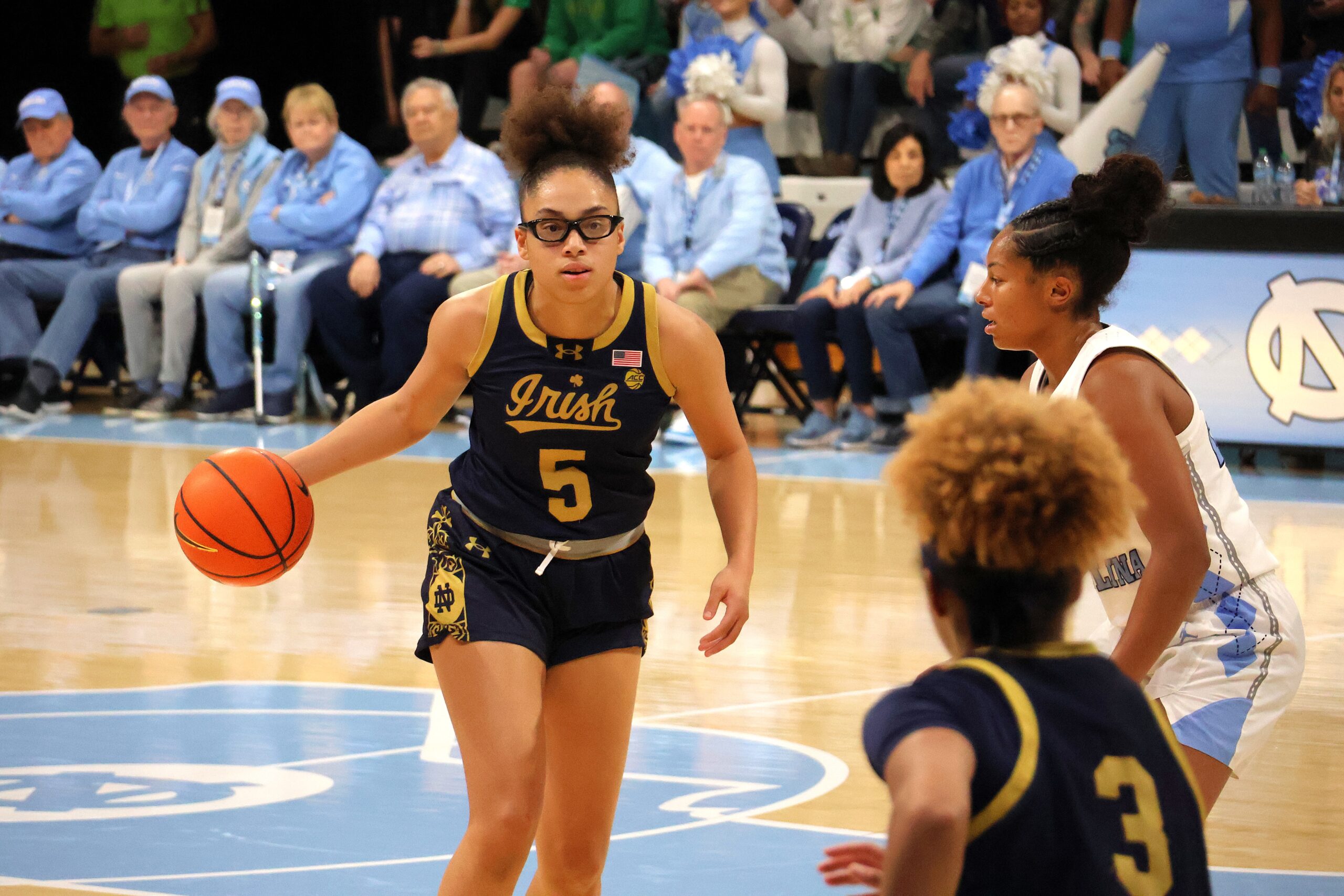 Olivia Miles playing for Notre Dame against North Carolina in January 2025