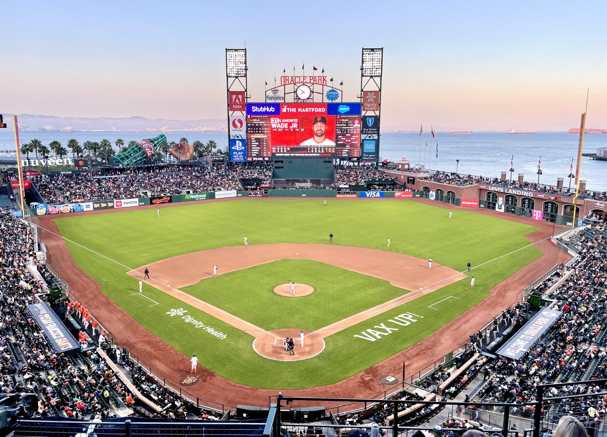Oracle Park in San Francisco with the bay beyond the outfield