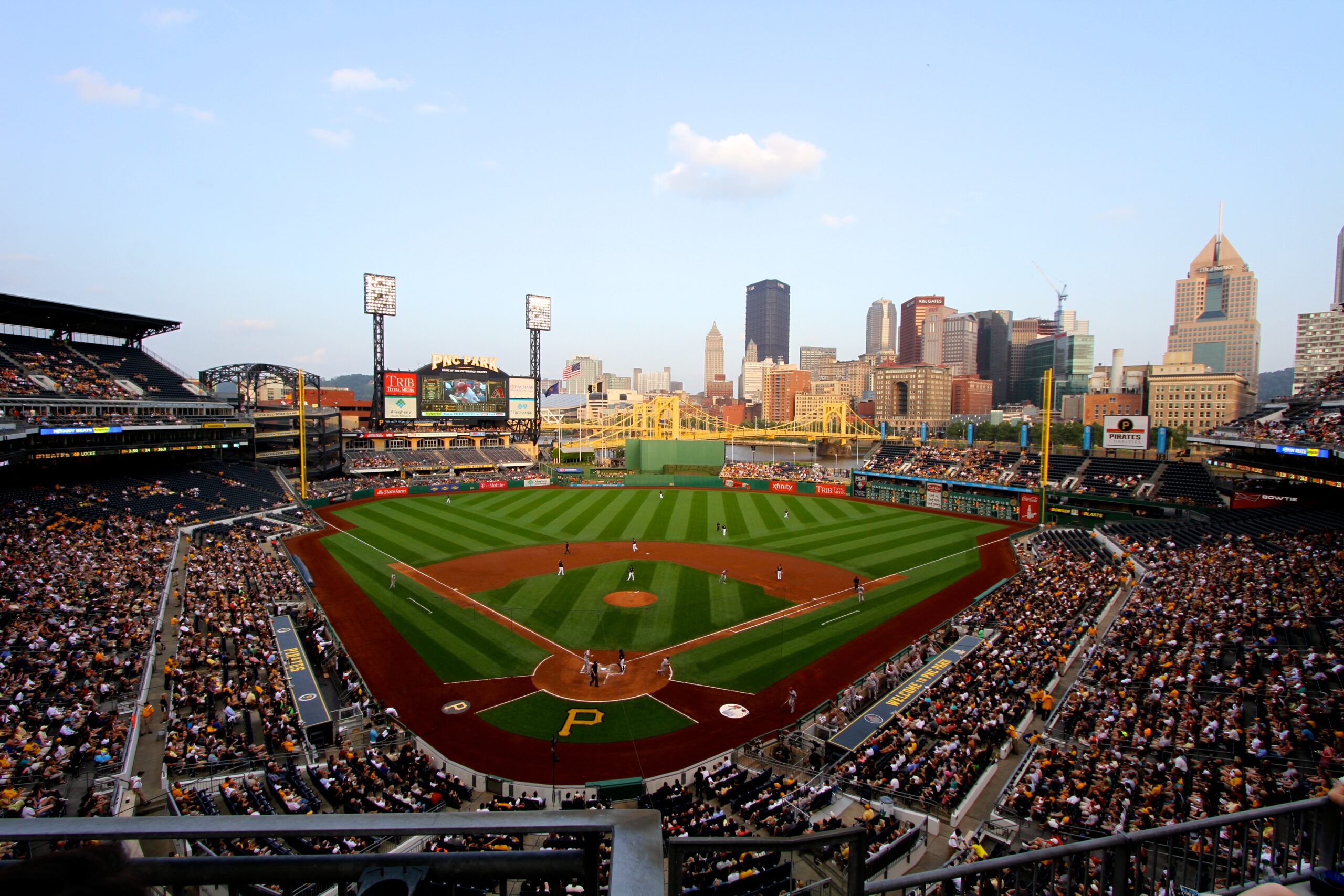 PNC Park in Pittsburgh with the downtown skyline beyond the outfield