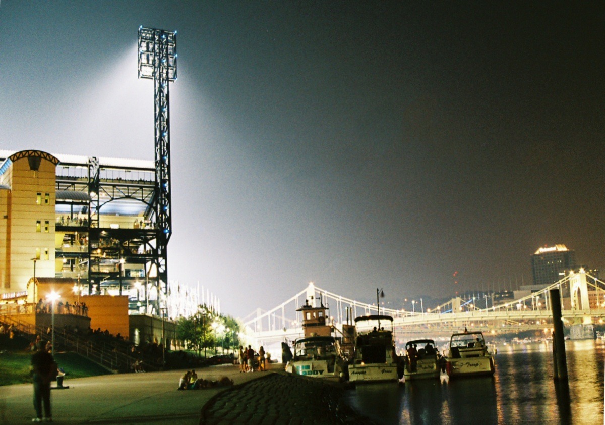 PNC Park illuminated at night in Pittsburgh