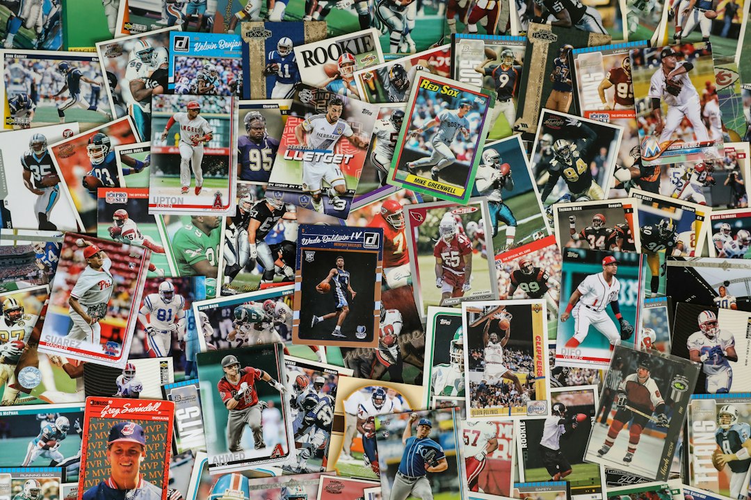 Sports trading cards and memorabilia arranged in a collection