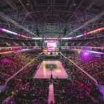 Basketball arena during a game with fans in the stands