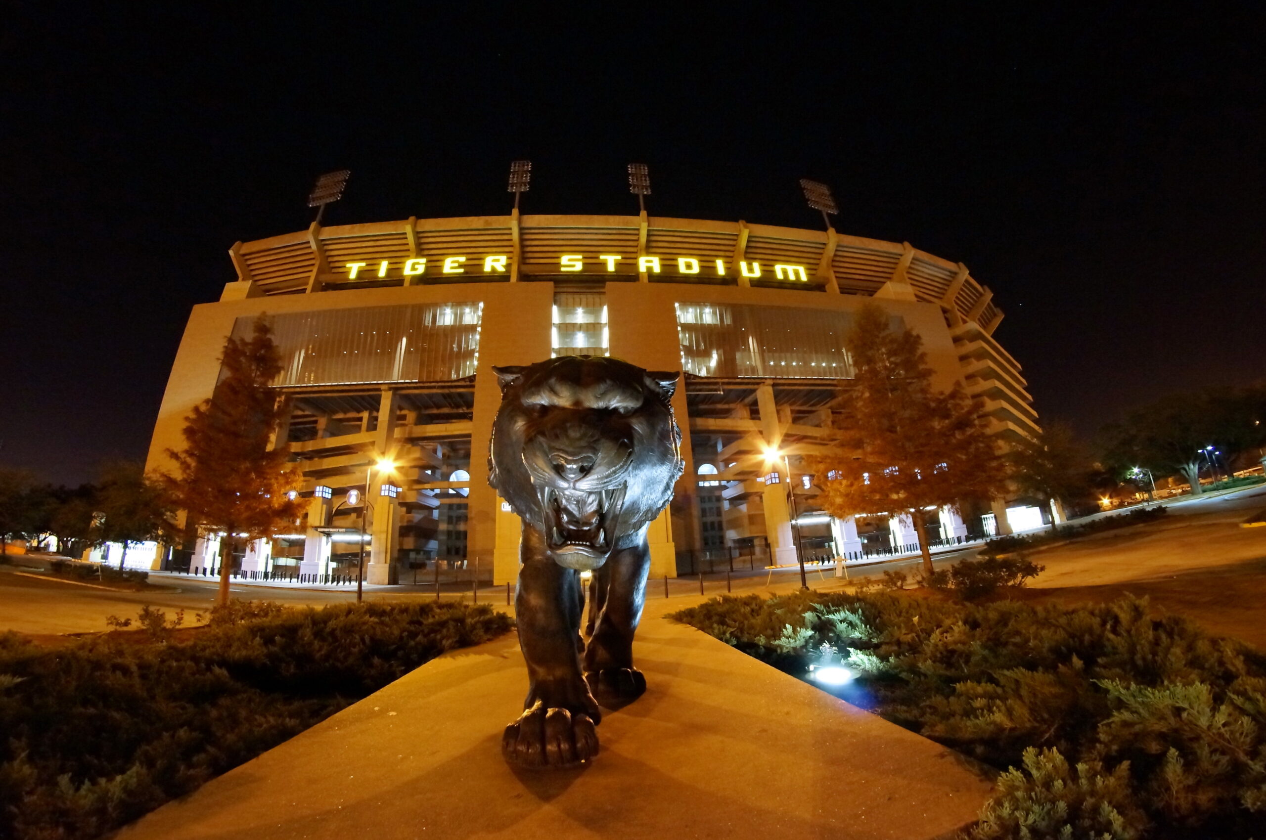 Tiger Stadium at night in Baton Rouge, home of LSU football
