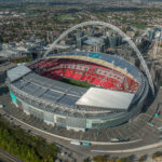Aerial view of Wembley Stadium in London with its signature arch
