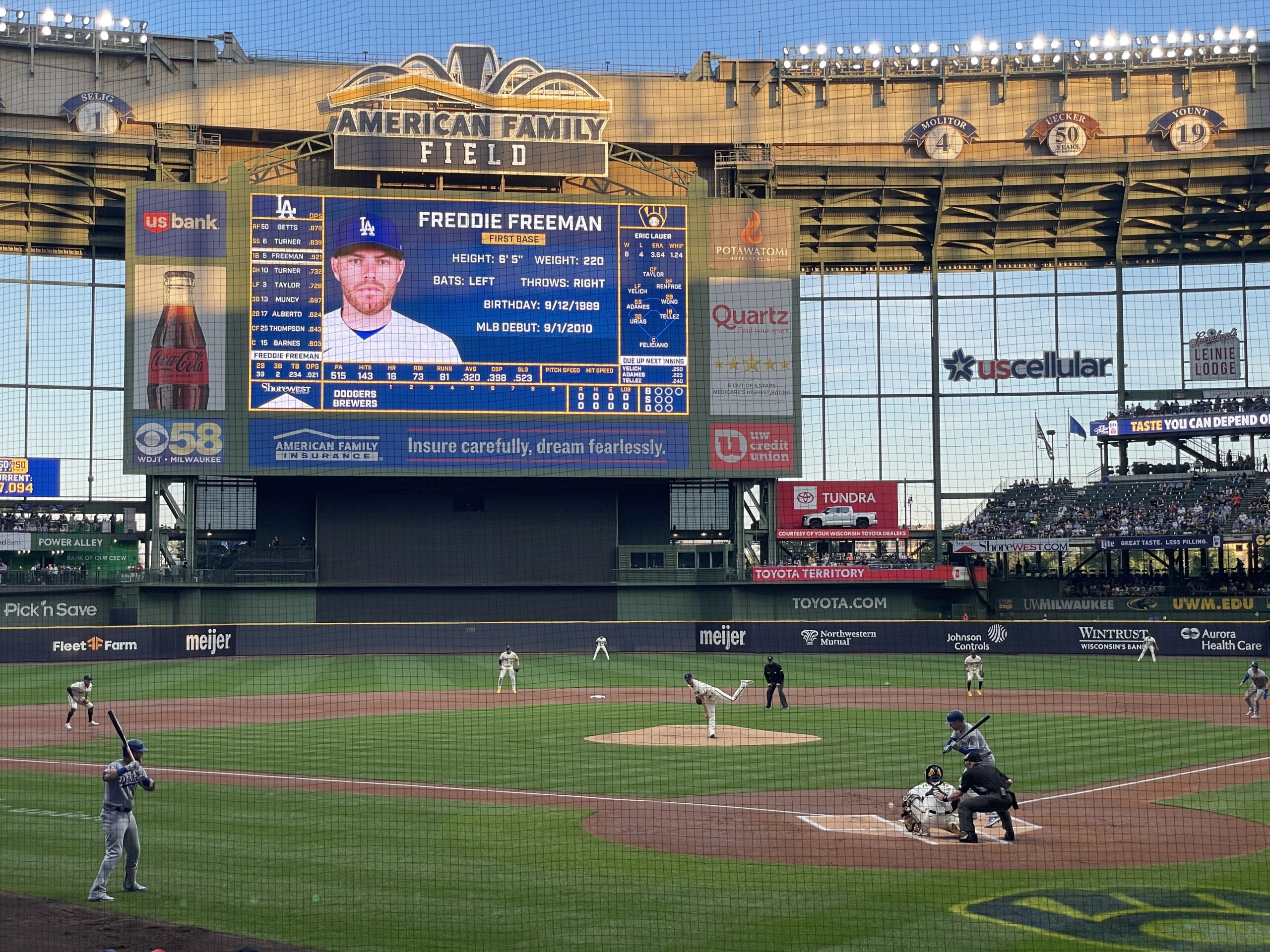 View from behind home plate at American Family Field during a Brewers-Dodgers game