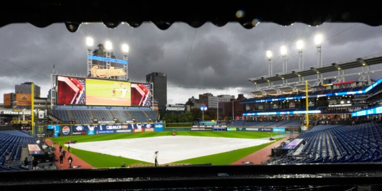 Rain covers Progressive Field before the postponed Guardians-Rays ALCS Game 4