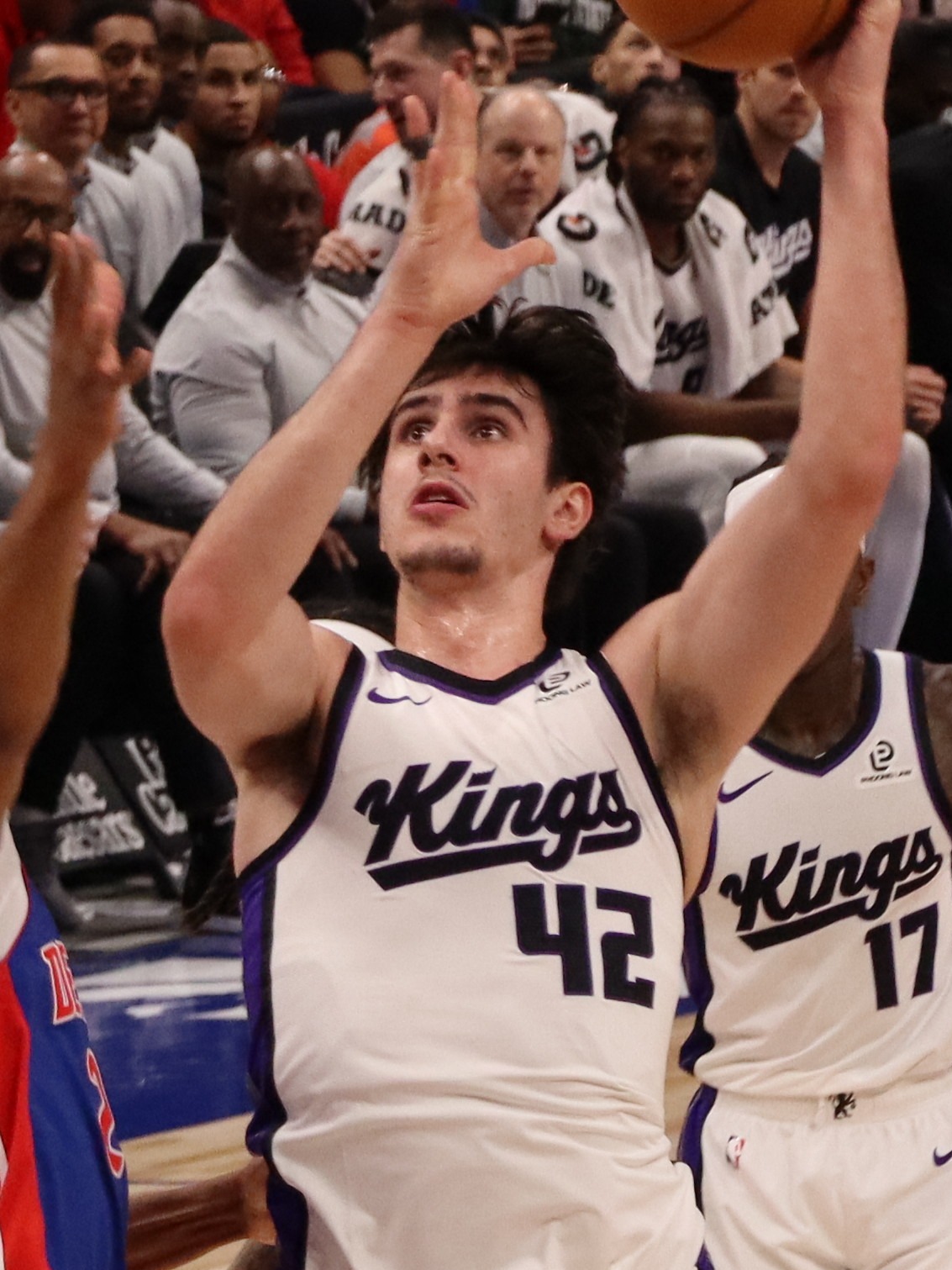 Sacramento Kings center Maxime Raynaud going for a layup against Detroit in January 2026, archival image