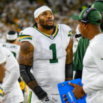 Micah Parsons in a Green Bay Packers uniform during a 2025 game against Washington at Lambeau Field