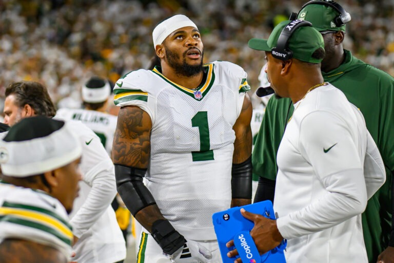 Micah Parsons in a Green Bay Packers uniform during a 2025 game against Washington at Lambeau Field